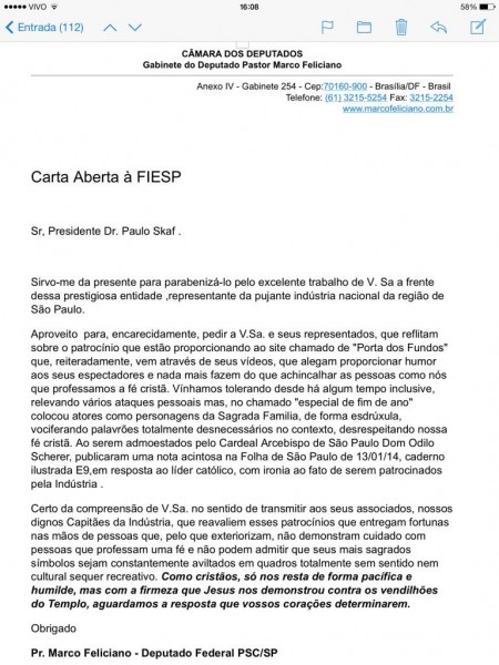 carta pastor marco feliciano - fiesp - porta dos fundos