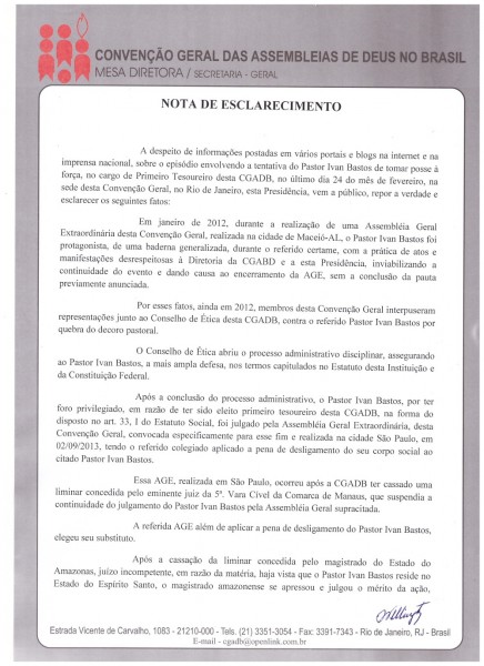 NOTA DE ESCLARECIMENTO - Pr Jose Wellington - CGADB1