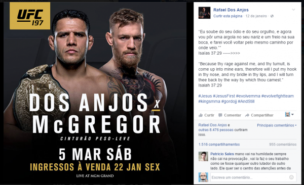 Publicação de Rafael dos Anjos no Facebook