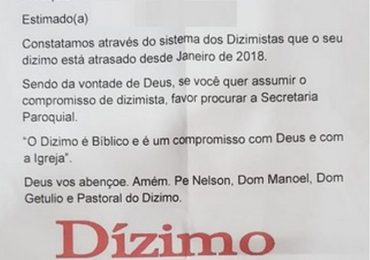 Fiel da Igreja Católica recebe carta com cobrança do dízimo "atrasado"