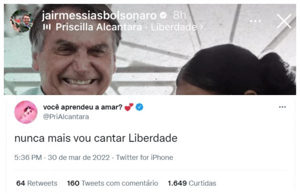 Contra Bolsonaro, Priscilla Alcantara abre mão de ‘Liberdade’: ‘Nunca mais vou cantar’