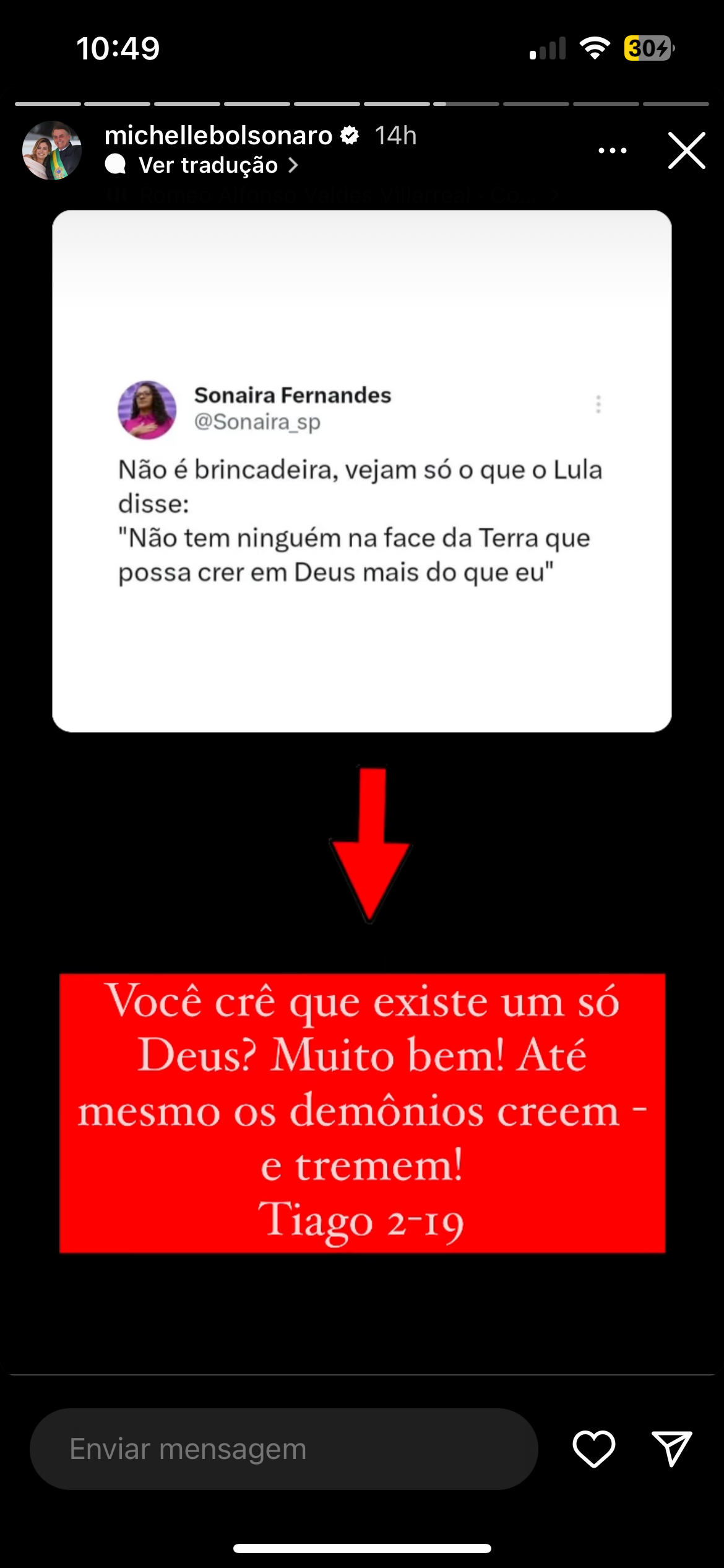 'Até demônios creem e tremem', diz Michelle após Lula afirmar que crê em Deus