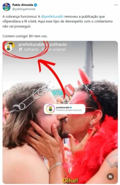 Prefeitura de BH publica vídeo de ‘Jesus’ beijando o ‘diabo’ no carnaval