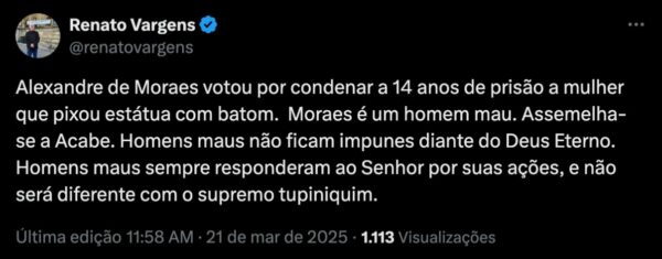 Responderá ao Senhor, diz pastor sobre voto de Moraes para condenar cabeleireira